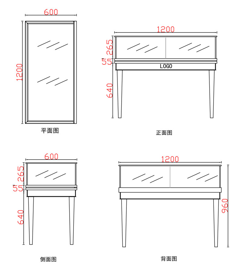 1200-600-960mm四腳前柜玻璃門不包邊